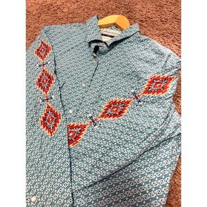 Panhandle Southwestern Shirt Womens Size L Turquoise Embroidered‎ LS Pearl Snap